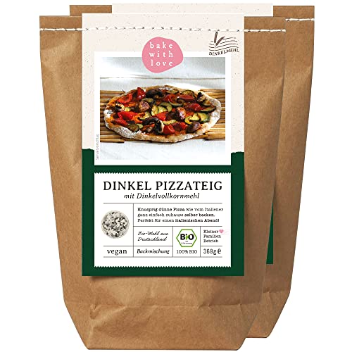 Dinkel Pizzateig Bio Backmischung vegan - Knusprige Pizza selber backen schnell & einfach - Bake with Love - 2 x 360g