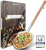 SQUALIPRODU® Pizzaschieber - Premium Pizzaschaufel aus rostfreiem Edelstahl und Buchenholz - stabiles Gewinde & robuster Holzstab - extra lang - entgratet - Schlaufe zum Aufhängen