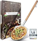 SQUALIPRODU® Pizzaschieber - Premium Pizzaschaufel aus rostfreiem Edelstahl und Buchenholz - stabiles Gewinde & robuster Holzstab - extra lang - entgratet - Schlaufe zum Aufhängen