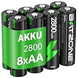 BATZONE 8 x AA Akkus, wiederaufladbare Mignon AA Akku, Typ NI-MH 2800mAh AA Akkus, geringe Selbstentladung 1.2v aa Batterien, mit Batterie Schutzbox