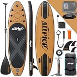 ALLPICK Premium SUP Board Set | Stand Up Paddling Board Aufblasbar | Mit Universal Kamerahalterung | Komplettes Zubehör | Board für Kinder & Erwachsene | Anfänger & Fortgeschrittene | Holzmaserung