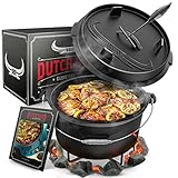 Amandi BBQ Dutch Oven - Dutch Oven Set [9L] - Für Induktion geeignet - Mit Topfständer - Eingebrannter Feuertopf aus Gusseisen - inkl. Deckelheber & e-Book, Rund, Schwarz