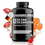 Amando Perez Beta Carotin Depot Bräunungskapseln - 180 VEGANE SOFTGELS mit 50.000 I.E - Vorstufe von Vitamin A hochdosiert Carotin Kapseln hochdosiert Bräune Beta Carotin hochdosiert Karottensaft