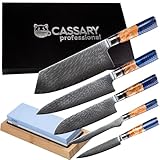 Professionelles Damastmesser set mit wetzstein für messer. Damast küchenmesser und professioneller schleifstein messerschärfer. Japanisches messerset perfekt für präzisionsschnitte (5 set)