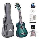 Winzz 21' Sopran Ukulele Anfänger Set Kinderm Erwachsene, Einzigartiges Farbdesign, mit Tasche, Stimmgerät, Zusätzlichen Saiten, Gurt, Noten-Aufkleber, Poliertuch-Dunkles Cyan