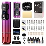 EZ Tattoo Maschinen Set - Tattoo Set mit Kabelloser Tattoo Maschine, 1800mAh Stromversorgung Akku, 20 Stück Tattoo Nadeln and 11 Farben Tinten für Tattoo Anfänger und Künstler (P2S Pro Violett Rosa)