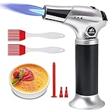 Flintronic Küchenbrenne Flambierbrenner, Nachfüllbar Gasbrenner mit 3 Düse, 2 Bürsten, Lötbrenner mit Sicherheitsschloss für Creme Brulee, Kochen, BBQ, Camping (Butan Inbegriffen Nicht) Silber