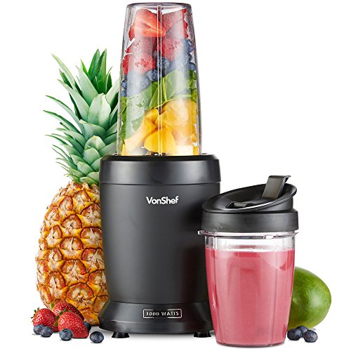 VonShef Personal Blender Multifunktionaler, leistungsstarker Smoothie-Mixer für Obst, Gemüse, Shakes und Eis-Zerkleinerer. Mit 800 ml und 500 ml tragbaren Bechern - 1000 W