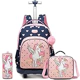 HTgroce Kinder Trolley Rucksack Schulranzen mit Rollen Mädchen schultrolleys Schulrucksack Kinderkoffer Rolling Backpack for Girls