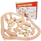 JOYIN 62 Stück Holzeisenbahn Set Spielzeug mit 1 Holzbahn, Kompatibel mit Allen wichtigen Marken, Bahn Spiel Set Eisenbahn für Kinder