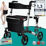 maxVitalis Rollator faltbar und leicht mit Sitz, Leichtgewicht-Reiserollator aus Aluminium, Gehhilfe 8-fach höhenverstellbar, Laufhilfe 3-fach faltbar für Kofferraum, Tasche & Schirmhalter Silber