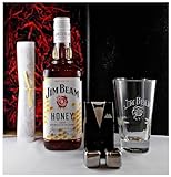 Geschenk Jim Beam Honey Whiskeylikör neue Ausstattung + Original Glas + 2 Kühlsteine im Smoking