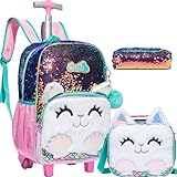 HTgroce Kinder Trolley Rucksack Katzen Schultasche Schulranzen Mädchen Schultrolleys Grundschüle Schulrucksack Kinderkoffer ab 8 jahren