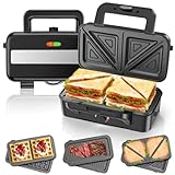 Sandwichmaker 3 IN 1, 1200W & 5-Gang-Temperaturregelung Waffeleisen, Sandwichtoaster, Kontaktgrill mit 3 Antihaftplatten für Sandwich, Waffeln, Fleisch, LED-Leuchten, Cool-Touch-Griff