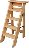 GAONUDAN 5 Stufen Trittleiter aus Holz Klapptreppe Stuhl Dachboden Bibliothek Leiter Hocker Beweglich, Maximale Belastung 150kg, Höhe 100cm, Für Haus, Gartengeräte