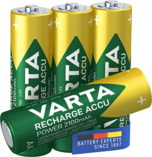 VARTA Batterien AA, wiederaufladbar, 4 Stück, Recharge Accu Power, Akku, 2100 mAh Ni-MH, ohne Memory Effekt, vorgeladen, sofort einsatzbereit
