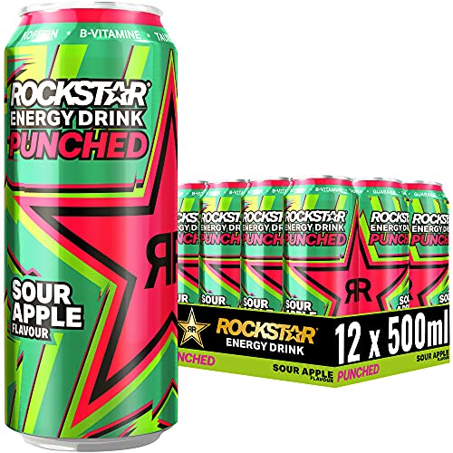 Rockstar Energy Drink Super Sours Green Apple - Saures, koffeinhaltiges Erfrischungsgetränk für den Energie Kick, EINWEG (12x 500ml)