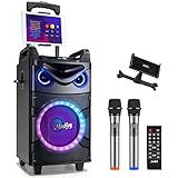 Moukey Karaoke Maschine, Große Karaoke Anlage mit 26cm Woofer & 8cm Tweeter & 2 Mikrofonen, Wiederaufladbarer Bluetooth Lautsprecher mit Lichteffekt Tablettenhalter TWS/Rec/AUX/USB/TF/FM für Party