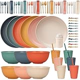 Unzerbrechliches Geschirr Set 6 Personen, 66 Teiliges Camping Geschirr Set Plastikgeschirr Picknick Geschirr Sets Leicht Bunt Grill Kunststoff Servierteller Schüsseln Besteck Set