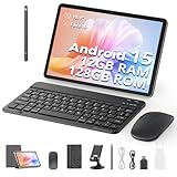 2025 Neueste Android 15 Tablet, 10 Zoll, 12GB RAM+128GB ROM (1TB TF) mit Hülle, Stift, Tastatur und Maus, Octa-Core, 1280x800 HD, 6000mAh（mit NTC）, Widevine L1, 8MP+5MP, 2.4G+5G WiFi, GPS