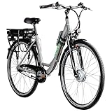ZÜNDAPP E Bike Damen 28 Zoll | Elektro Fahrrad Retro mit 7 Gang Nabenschaltung | City E-Bike mit Korb und Licht | Tiefeinsteiger 155-185 cm | Z502 (grau/grün ohne Korb + Faltschloss)