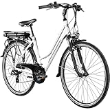 ZÜNDAPP Z802 E Bike Trekking 155-185 cm Fahrrad 21 Gänge, bis 115 km, 28 Zoll Elektrofahrrad mit Beleuchtung und LED Display, Ebike Trekkingrad (weiß/lila, 48 cm)