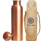 FURNISHFUL FINESSE Kupfer-Wasserflasche zum Trinken, 34-Unzen-Flasche aus reinem Kupfer mit Jute-Tragetasche und auslaufsicherem Deckel, ayurvedisches Kupfergefäß für Yoga-Meditation & Büro – 1000 ml
