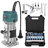 Yofuly 800W Oberfräse Holzfräse, 220V Einhandfräse Oberfräsen Trimmer 30000r/min 6.35mm Spannzangen mit 15 Pcs 1/4' Fräser Set, kantenfräse mit Tragetasche