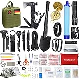 Außen Notfall Survival Kit mit Erste Hilfe Set, WayinTop 180PCS Survival Ausrüstung mit Wasserfilter Stroh Multi-Tool Hammer Axt, Geschenke für Männer Camping/Abenteuer/Wandern im Freien (Grün)