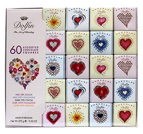 Dolfin Assorted Pralinen | Pralinen Geschenkbox 60 Mini-Carrè Herzdruck | Pralinen mischen 1 x 270 g | Schachteln mit Pralinen