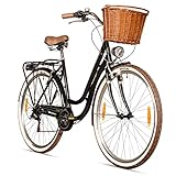 Bergsteiger Marseille 28 Zoll Damenfahrrad, ab 150 cm, Korb aus Rattan, Fahrrad-Licht, Damen-Citybike, Damenrad im Retro-Design«, 6 Gang Shimano Tourney Schaltung, Kettenschaltung