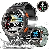 Smartwatch Herren mit Telefonfunktion, 1,45' 3ATM Wasserdicht Militär Smartwatch mit LED Taschenlampe, Robuste Outdoor Uhren mit Kompass, Höhe, Barometer, 24H Gesundheits-Screening für Android iOS