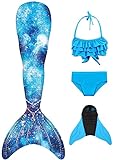 FOLOEO Meerjungfrauenflosse Mädchen Meerjungfrau Flosse für Kinder mit Bikini Set und Monoflosse, 4 Stück Set