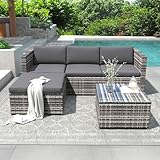 Kehun Gartenmöbel Sets Balkonmöbel, Poly Rattan Gartenmöbel Lounge Sofa Outdoor Set, Garten Lounge Ecksofa, Outdoor 3-4 Personen Lounge Sofa Set, Balkonmöbel mit Rückenlehne und Glastisch (Grau)