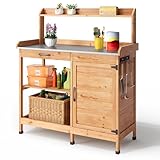 Blishom Pflanztisch aus Massivholz mit Arbeitsplatte, Outdoor Gärtnertisch, Verstellbarem Regal und Schrank – Multifunktionsbank für Garten, Balkon, Terrasse 112x46x125 cm (Gelb, 112x46x125 cm)