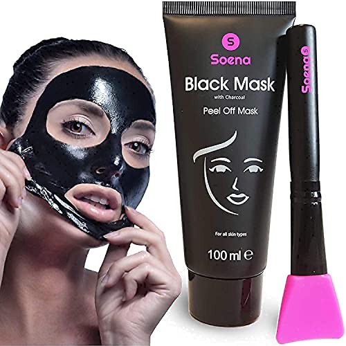 Das ORIGINAL - SOENA® Black Mask + MASKENPINSEL | XXL Tube 100 ml | Entfernt Mitesser – Peel-Off Maske - Gegen unreine Haut | Mit Aktivkohle | Schwarze Maske zum abziehen - Blackhead Maske