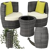 tectake® Rattan Set 2 Personen, Balkonmöbel, Gartenmöbel Set, Outdoor Sitzgruppe mit 2X Stuhl, 1x Beistelltisch rund, 1x Vase, platzsparend zusammenschiebbar, mit Polster und Kissen - grau