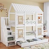 Kinderbett Etagenbett 90x200 für 2 Kinder, Hochbett Hausbett mit Schubladen und Treppe mit 4 Ablagefächern, Funktionsbett Stockbett Stauraumbett Jugendhochbett mit Dach & Fenster, Ohne Matratze, Weiß