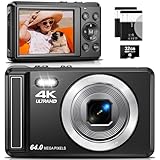 4K Digitalkamera, 64MP 2.8“ UHD Kompaktkameras - Autofokus Wiederaufladbare Vlogging Kamera mit 32GB Karte & 2 Akkus, Tragbare Reisekameras mit 16X Digitalzoom für Kinder Anfänger Jugendliche