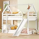 BXEYXE Einzelbett Kinderbett Hausbett Etagenbett mit Rutsche und Leiter, Weiß, 90x200cm