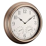 Navaris Outdoor Wanduhr analog - mit Thermometer und Hygrometer Anzeige - 30,5 x 4,9cm - runde Uhr zum Aufhängen ohne Ticken - Deko Garten Wand Uhr