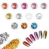 AhhiAboo 12 Stück Nagel Glitter Chrom Pulver Set - Bunte Metallic Holographic Effekt Spiegel Puder für Nägel mit Pinseln - Pearl Glitter Pigment Dust Kit, Nail Art Dekoration