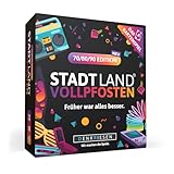 DENKRIESEN Stadt Land Vollpfosten® Das Kartenspiel – 70/80/90 Edition - Ab 8 Jahren - 3-6 Spieler - Familienspiel - Partyspiel