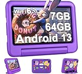 2024 Kinder Tablets 7 Zoll FHD Android 13 OS Wi-Fi 6 Bluetooth 5.0, 7 GB RAM+ 64 GB ROM(TF 1TB) GMS-Zertifizierung | Elterliche Kontrolle | 3500mAh | AR Erkennungs-Tierkarten | EVA-Schutzhülle-Violett