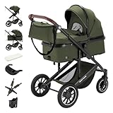 Daliya® FLEXI-PRO M 2in1 Kombikinderwagen & Buggy – XXL-Set, Reise-Kinderwagen mit Einhand-Abnahme, Wetterschutz, Sportsitz, Wickeltasche, Spieltisch, Regenschutz, dicke Matratze (Olivgrün)