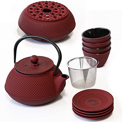 Weltbild Asia-Teekannen-Set Rot - Premium Handarbeit aus Gusseisen - Japanische Teekanne im Set (Untersetzer, Stövchen, 4 Becher, Siebeinsatz) Tee-Geschenk-Set traditionelles japanisches Tee-Geschirr