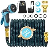 Zepphi Flexibler Gartenschlauch 15 m mit 10-Funktionen Schlauchdüse, dehnbarer flexiSchlauch, Vollmessing Adapter 1/2' 3/4' Zoll, Wandhalterung Tasche, für den Außenbereich, Blau
