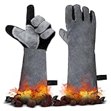 JUNUNDJING Hitzebeständiger Leder Grillhandschuhe, Kaminhandschuh, Ofenhandschuhe, Backhandschuhe, Kaminhandschuhe Feuerfeste Hitzeschutz Handschuhe, Schweißhandschuhe, Grau-schwarzer, 40x20CM,1 Paar