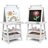COSTWAY 3 in 1 Kinder Staffelei, Kindertafel doppelseitig, Whiteboard & Kreidetafel & Zeichenpapier, Standtafel inkl. Magneten, 2 Regalebenen Holztafel mit 2 Aufbewahrungsboxen (Beige)