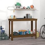 Werkbank aus Holz, Arbeitstisch mit 1 Ablage, Hobelbank, Montagetisch für Garage, Werkstatt und Schuppen, 110 x 50 x 80 cm, Massivholz Kiefer